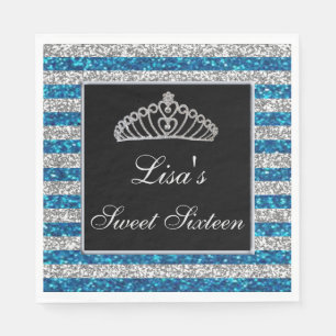 Elegant Chic Blue Silver Glitter Tiara Sweet 16 Napkins