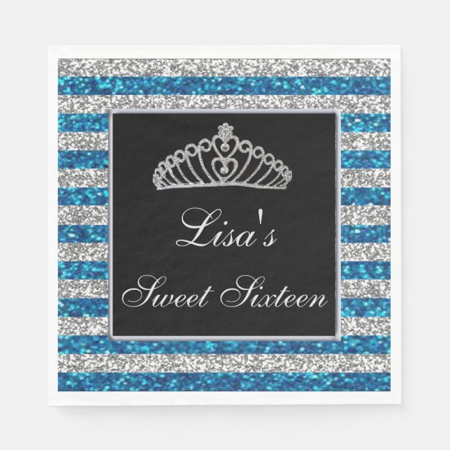 Elegant Chic Blue Silver Glitter Tiara Sweet 16 Napkins (Front)