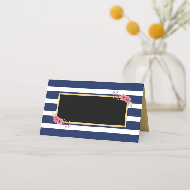 Elegant Chic Blue Stripes with Watercolor Flowers Place Card (Front)