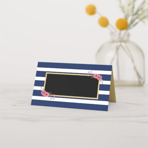 Elegant Chic Blue Stripes with Watercolor Flowers Place Card
