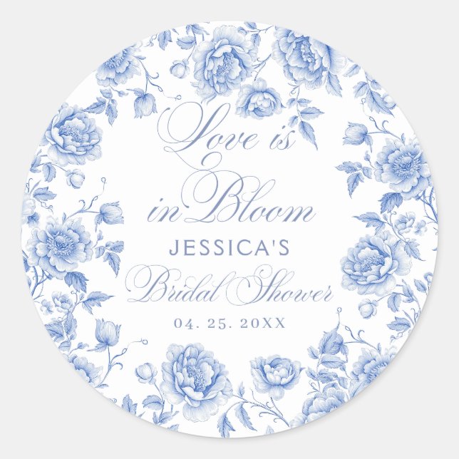 Elegant Chic Blue Toile Chinoiserie Bridal Shower Classic Round Sticker (Front)
