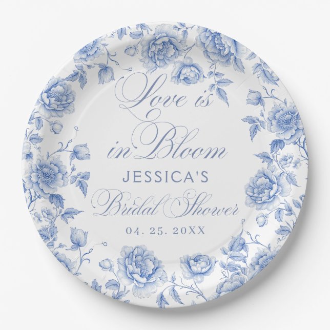 Elegant Chic Blue Toile Chinoiserie Bridal Shower Paper Plates (Front)