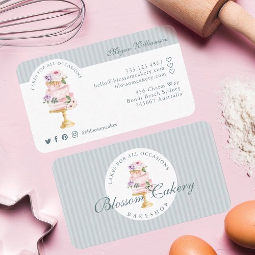 Elegant  Chic Blue Watercolor Floral Cake Bakery Business Card