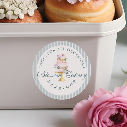 Elegant  Chic Blue Watercolor Floral Cake Bakery Classic Round Sticker