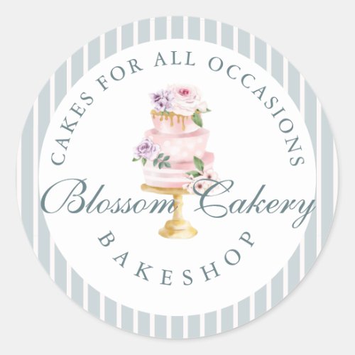 Elegant  Chic Blue Watercolor Floral Cake Bakery Classic Round Sticker