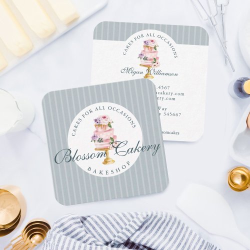 Elegant  Chic Blue Watercolor Floral Cake Bakery Square Business Card