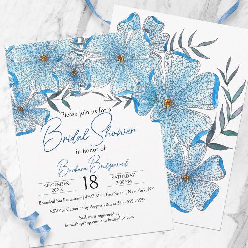 Elegant Chic Blue Watercolor Flowers Bridal Shower Invitation