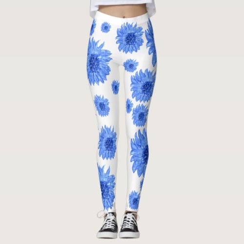 Elegant Chic Blue Watercolor Flowers on white yoga Leggings