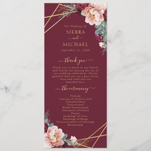 Elegant Chic Blush Burgundy Floral Gold Wedding Program