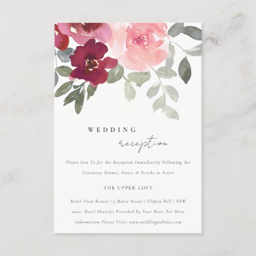 ELEGANT CHIC BLUSH BURGUNDY ROSE FLORAL RECEPTION ENCLOSURE CARD