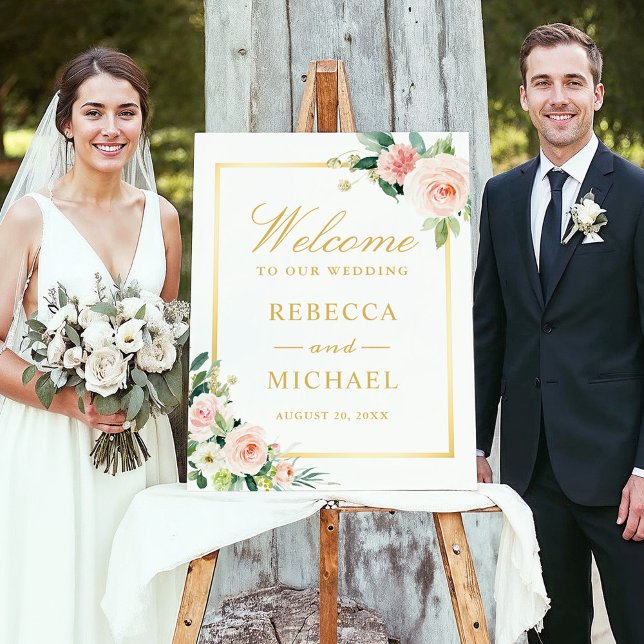 Elegant Chic Blush Floral Gold Frame Wedding Foam Board (Creator Uploaded)