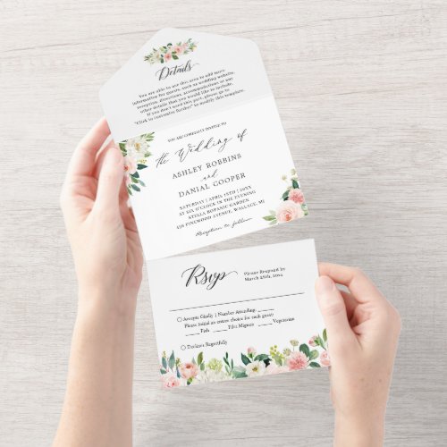 Elegant Chic Blush Floral Wedding Details RSVP All In One Invitation