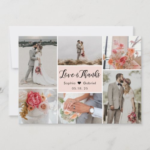Elegant Chic Blush Pink 6 Photo Collage Wedding Thank You Card