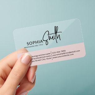 Elegant Chic Blush Pink & Black Handwritten Script Clear Business Cards