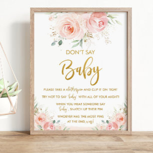 Elegant Chic Blush Pink Floral Don't Say Baby Game Poster