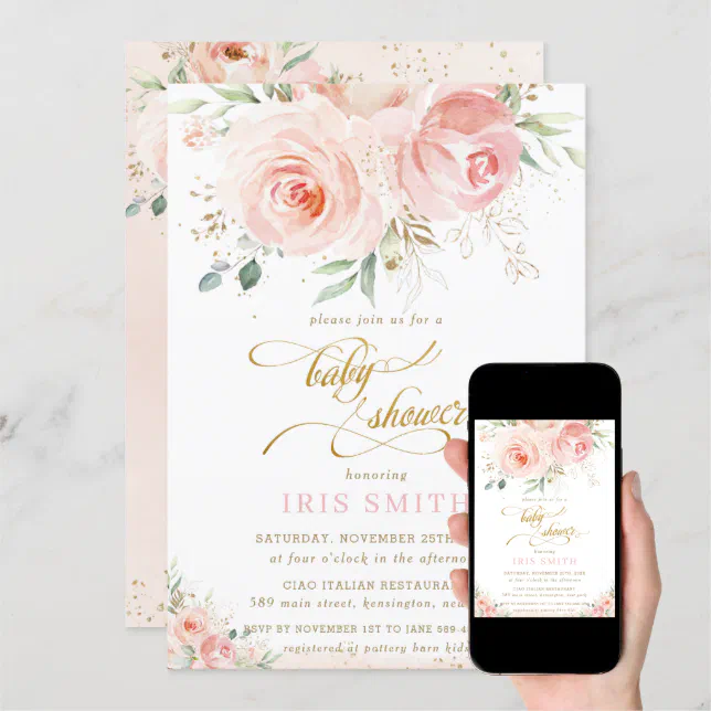 Elegant Chic Blush Pink Floral Gold Baby Shower Invitation | Zazzle