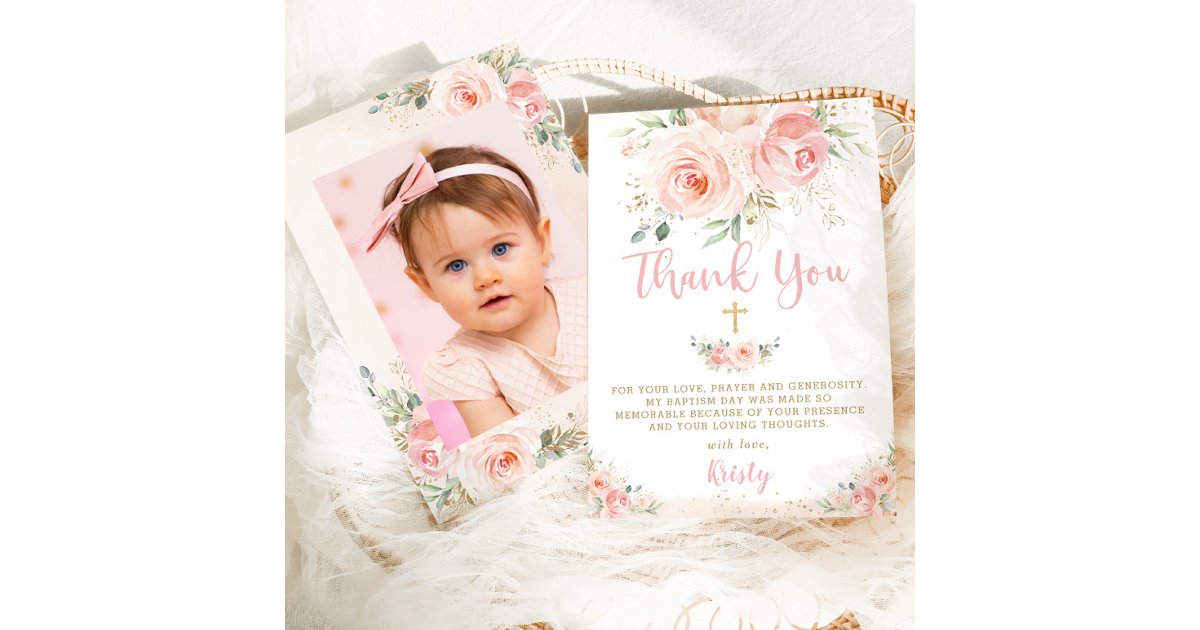 Elegant Chic Blush Pink Floral Gold Baptism Photo Thank You Card | Zazzle