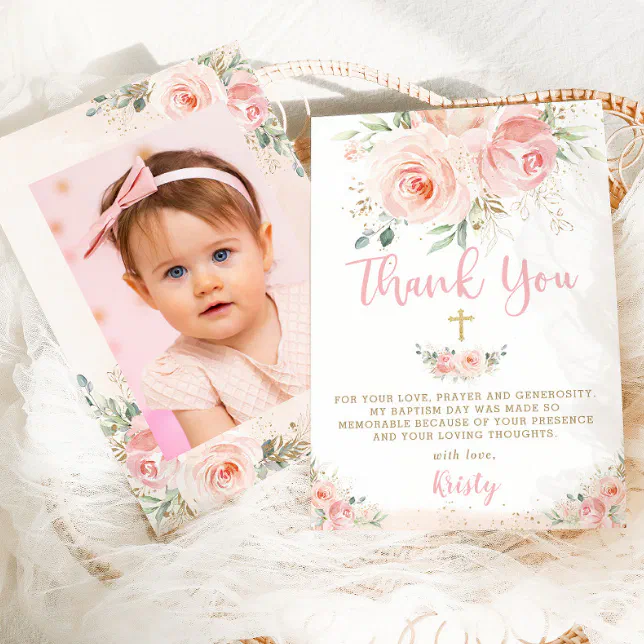 Elegant Chic Blush Pink Floral Gold Baptism Photo Thank You Card | Zazzle