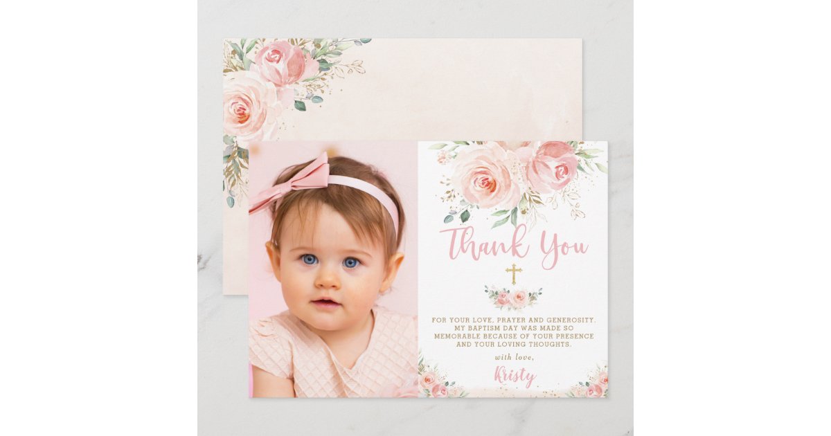 Elegant Chic Blush Pink Floral Gold Baptism Photo Thank You Card | Zazzle