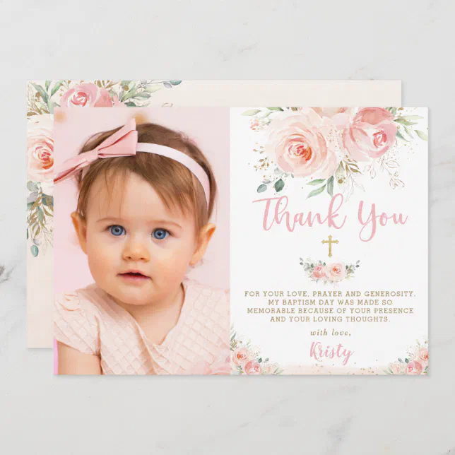 Elegant Chic Blush Pink Floral Gold Baptism Photo Thank You Card 