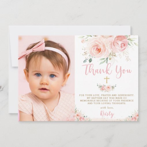 Elegant Chic Blush Pink Floral Gold Baptism Photo Thank You Card | Zazzle