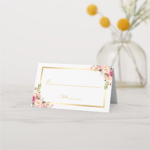 Elegant Chic Blush Pink Floral Gold Frame Wedding Place Card