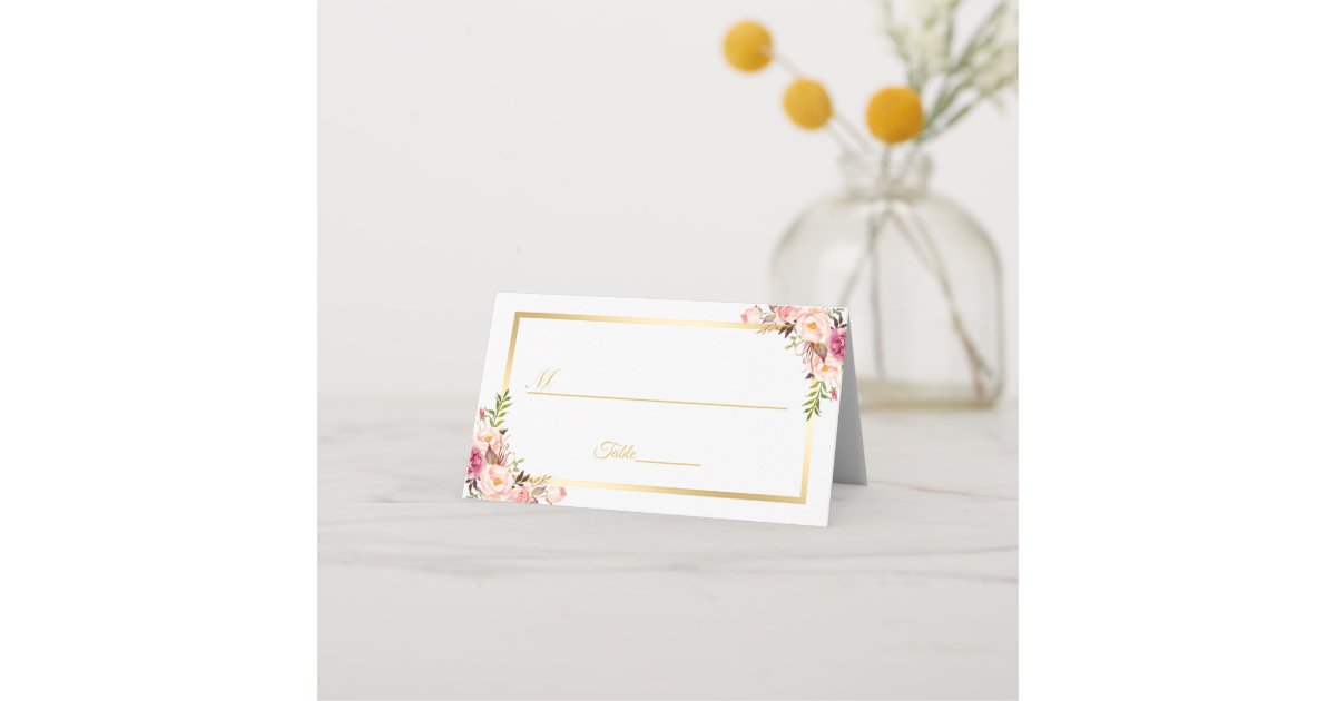 Elegant Chic Blush Pink Floral Gold Frame Wedding Place Card | Zazzle