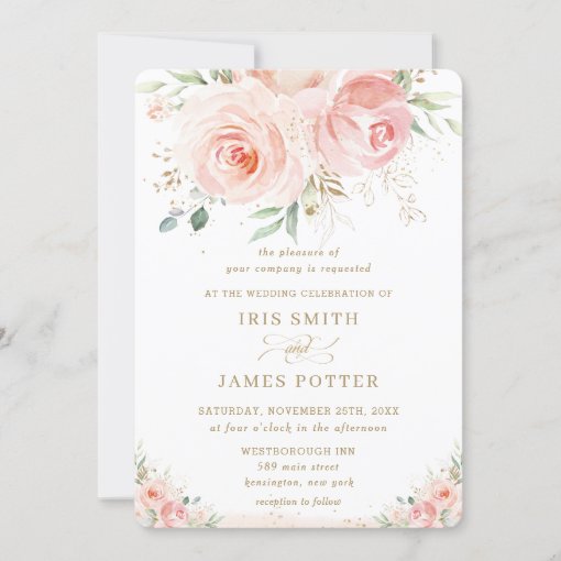 Elegant Chic Blush Pink Floral Gold Wedding Invitation | Zazzle