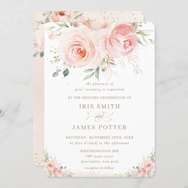 Elegant Chic Blush Pink Floral Gold Wedding Invitation | Zazzle