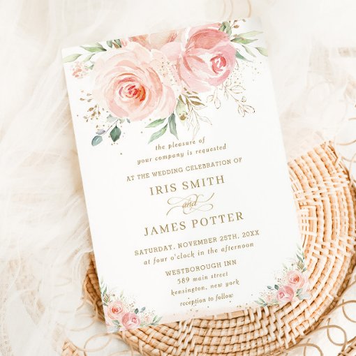 Elegant Chic Blush Pink Floral Gold Wedding Invitation Zazzle