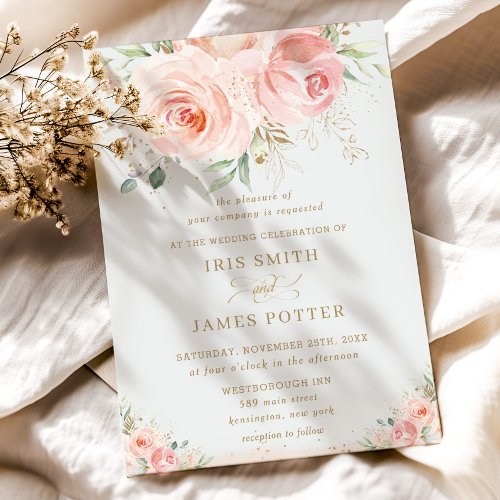 Elegant Chic Blush Pink Floral Gold Wedding Invitation