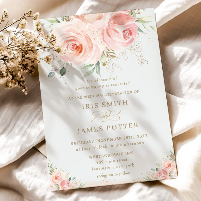 Elegant Chic Blush Pink Floral Gold Wedding Invitation Zazzle