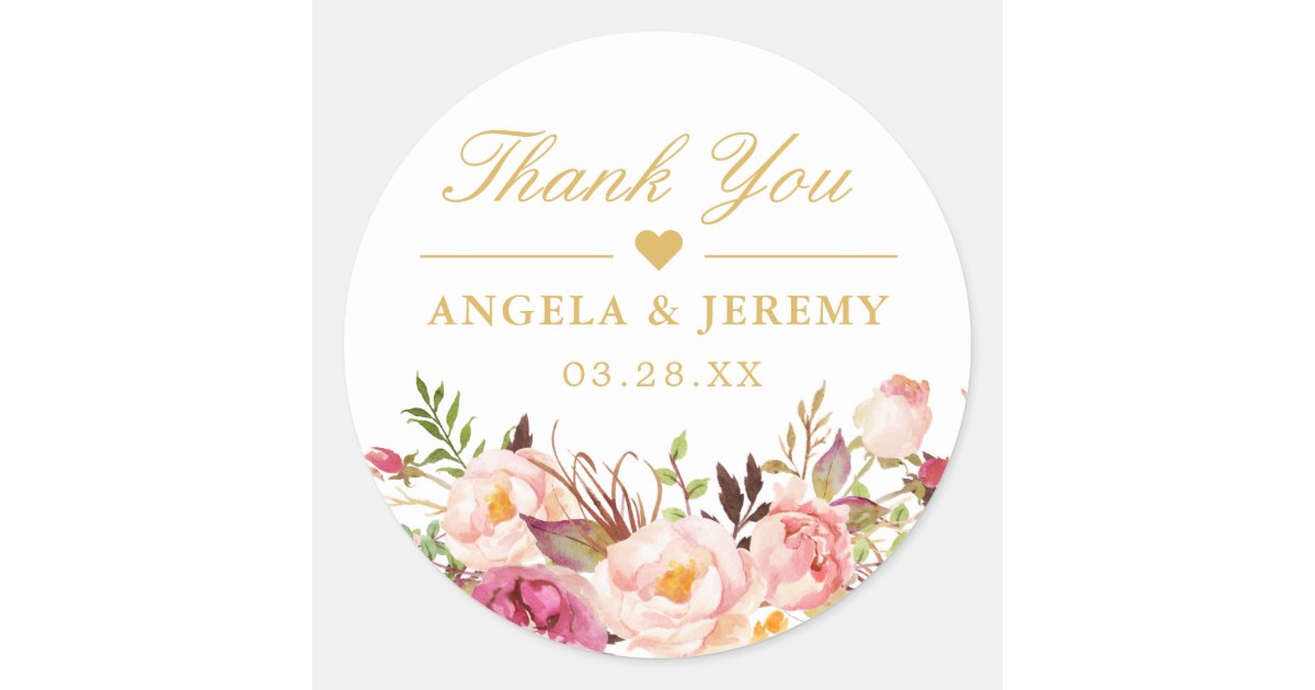 Elegant Chic Blush Pink Floral Wedding Thank You Classic Round Sticker Zazzle Com