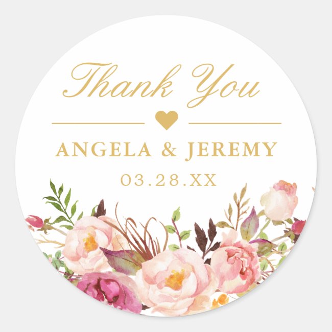 Elegant Chic Blush Pink Floral Wedding Thank You Classic Round Sticker
