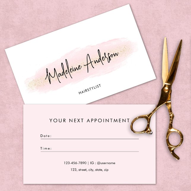 Elegant Chic Blush Pink Gold Glitter Hair stylist Appointment Card (Creator Uploaded)