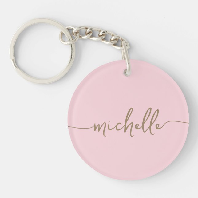 Elegant Chic Blush Pink Gold Monogram Script Keychain (Front)