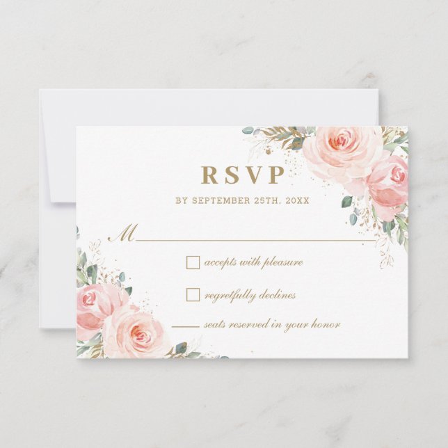 Elegant Chic Blush Pink Roses Floral Gold Wedding RSVP Card (Front)
