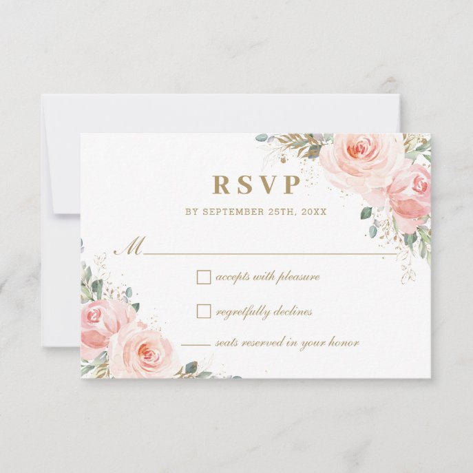 Elegant Chic Blush Pink Roses Floral Gold Wedding RSVP Card