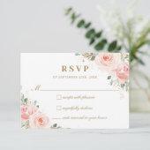 Elegant Chic Blush Pink Roses Floral Gold Wedding RSVP Card (Standing Front)
