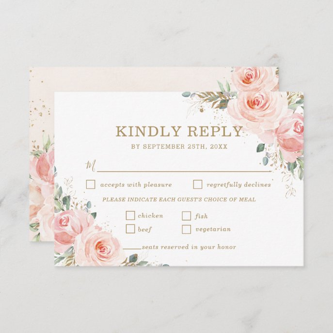 Elegant Chic Blush Pink Roses Floral Wedding Meal RSVP Card