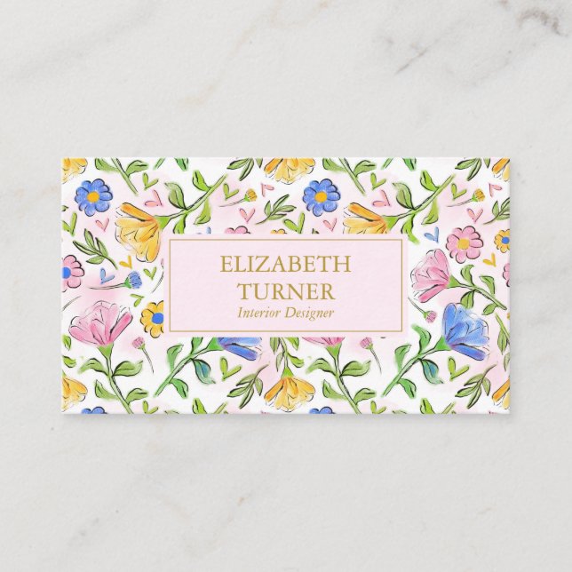 Elegant Chic Blush Pink Yellow Blue Floral Pattern Business Card (Front)