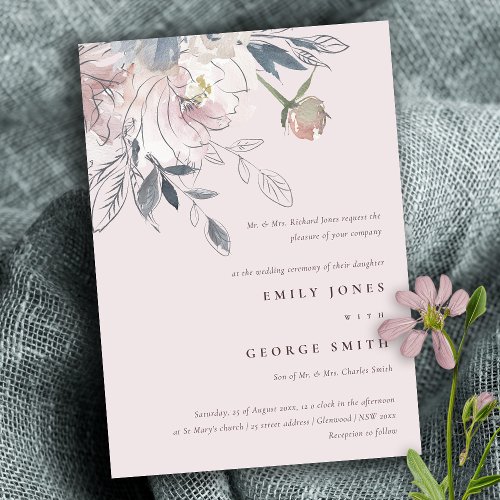 Elegant Chic Blush Watercolor Floral Wedding Invitation