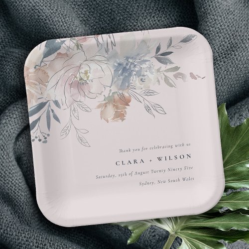 Elegant Chic Blush Watercolor Floral Wedding Paper Plates
