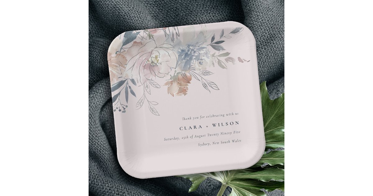 Elegant Chic Blush Watercolor Floral Wedding Paper Plates | Zazzle