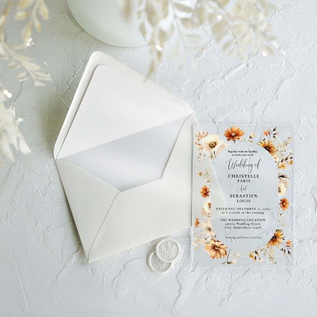 Elegant & Chic Boho Fall Wildflower  Wedding  Acrylic Invitations (Creator Uploaded)