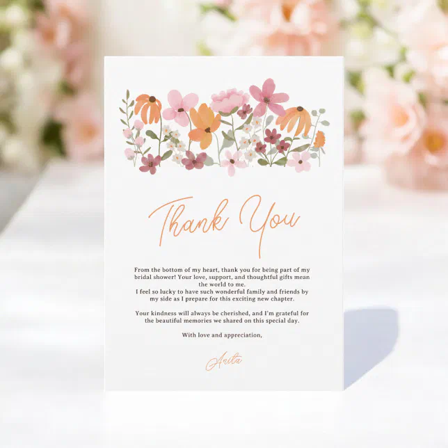 Elegant chic boho meadow wildflower bridal shower thank you card | Zazzle