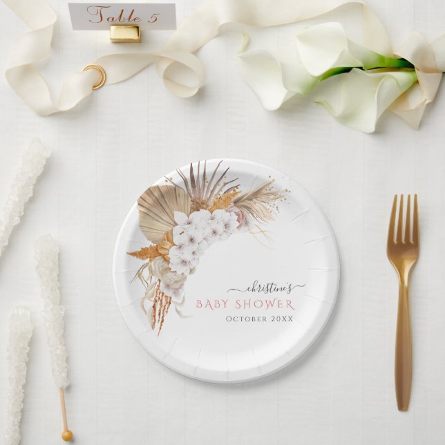 Elegant Chic Boho White Flowers Bridal Shower Paper Plates (Wedding)