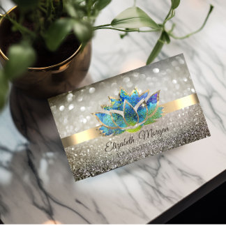 Elegant Chic Bokeh Gold,Blue Lotus Yoga Business Card