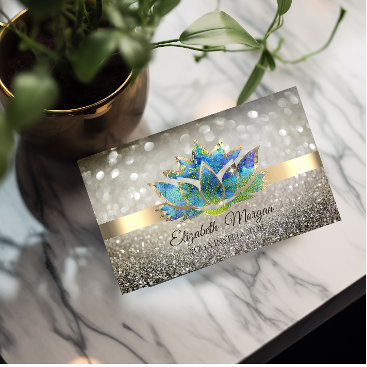 Elegant Chic Bokeh Gold,Blue Lotus Yoga  Business Card