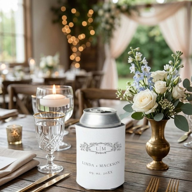 Elegant & Chic botanical crest monogram wedding Can Cooler (Creator Uploaded)